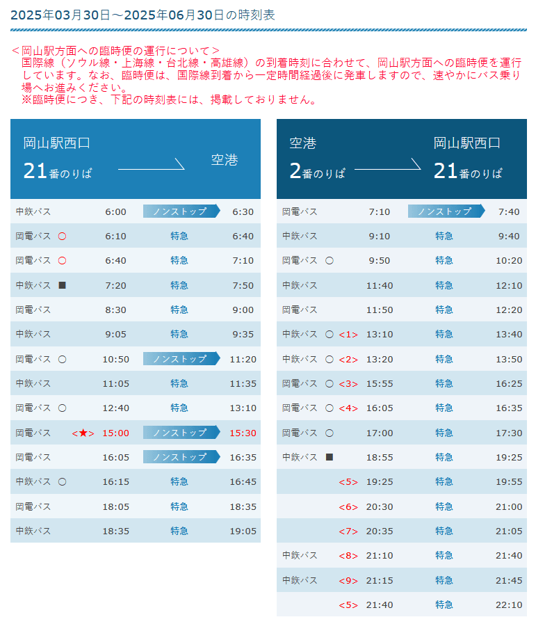 往返岡山機場與 JR 岡山站的接駁巴士時刻表