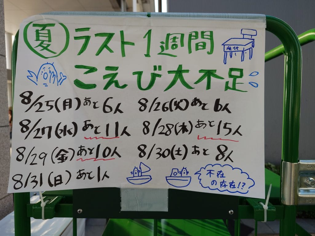 お盆休み後，志工人數大幅減少，非常缺人的情景